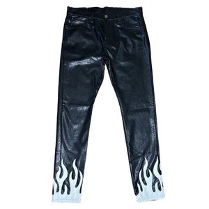 mnml Men’s Graphic Faux Leather Black Casual Flame Pants